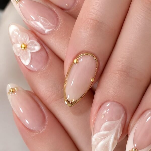 French nail art with 3D flowers