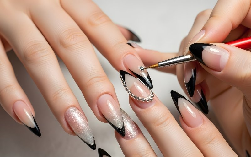 Black and nude French tip nail art being hand-painted with a detail brush